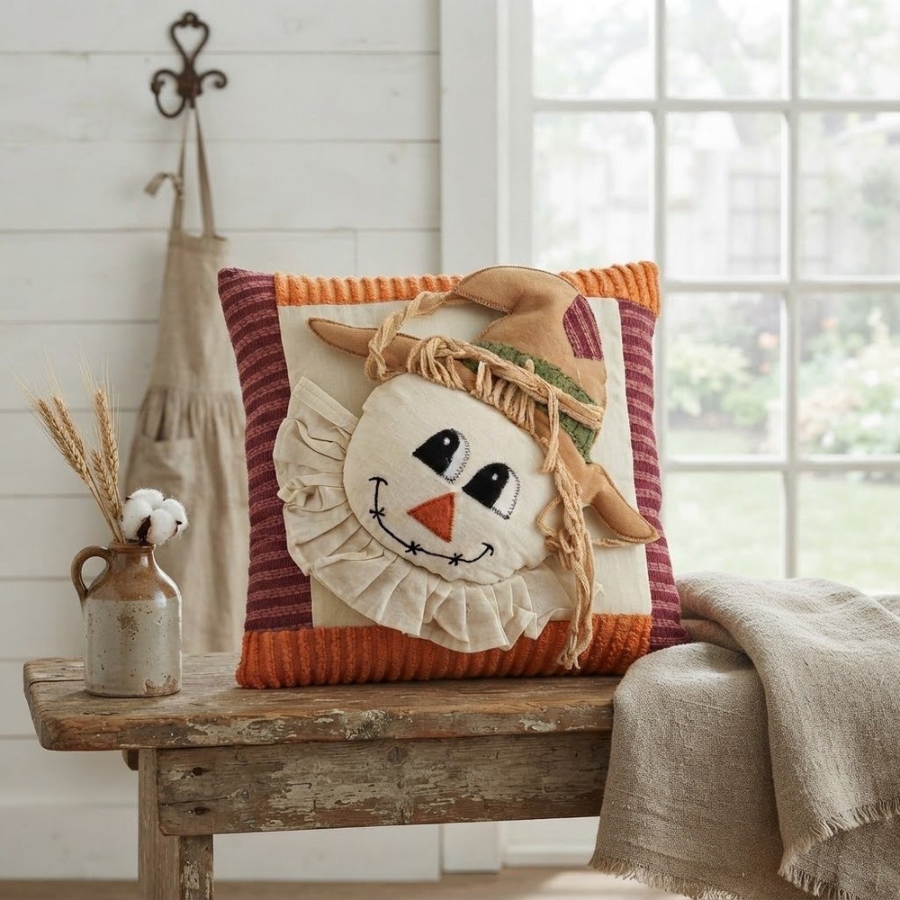 Fall Scarecrow Decorative Throw Pillow Autumn Harvest Home Decor 10x10 Farmhouse
